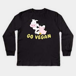 Go Vegan Cute Cow, Pig And Chicken 2 Kids Long Sleeve T-Shirt